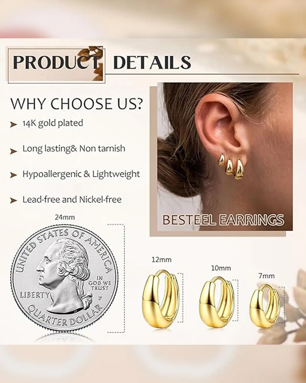 Besteel 3Pairs 14K Gold Plated Hoop Earrings Set Pricing