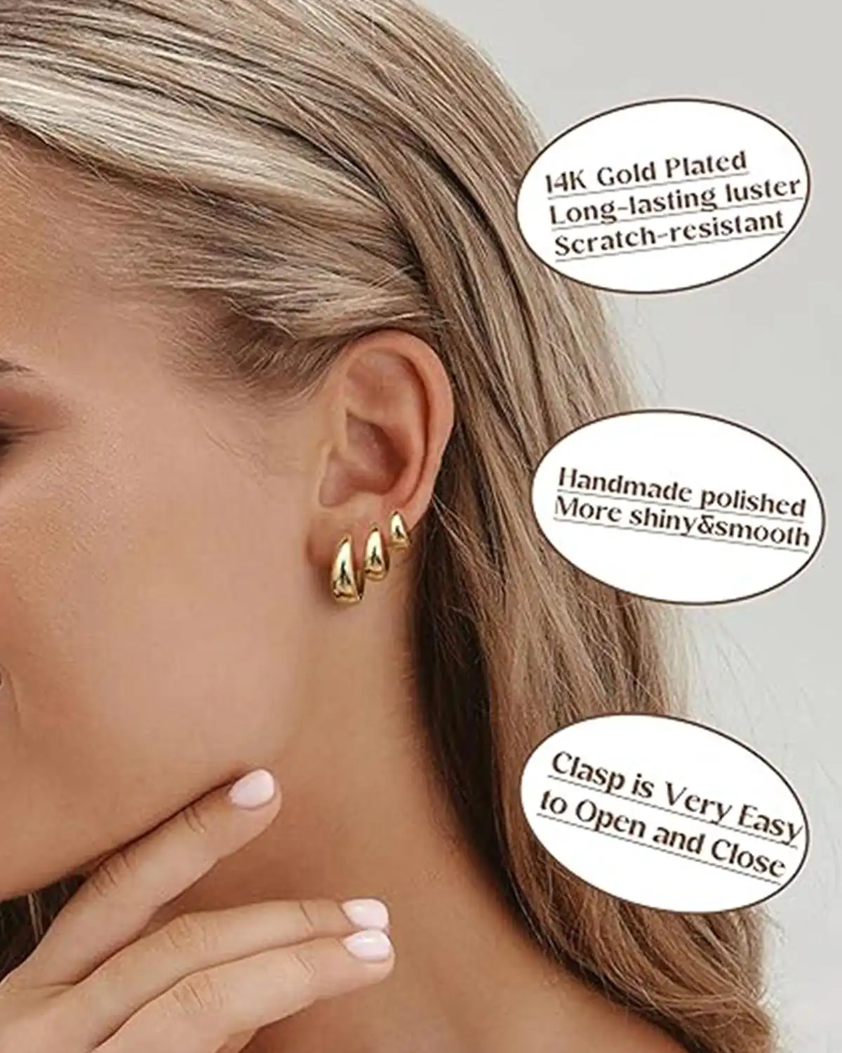 Besteel 3Pairs 14K Gold Plated Hoop Earrings Set