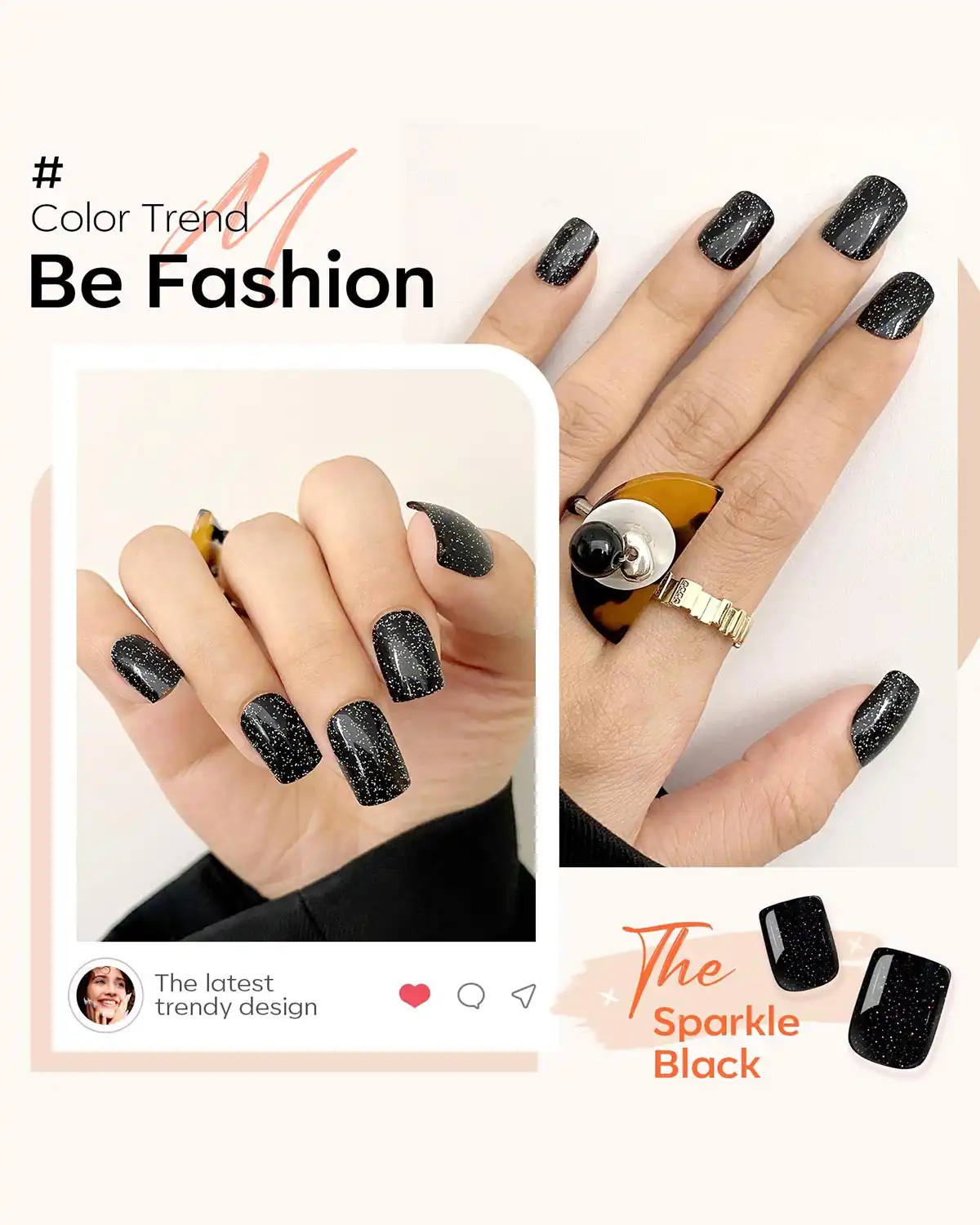 Modelones Sparkle Black Press on Nails For Womens