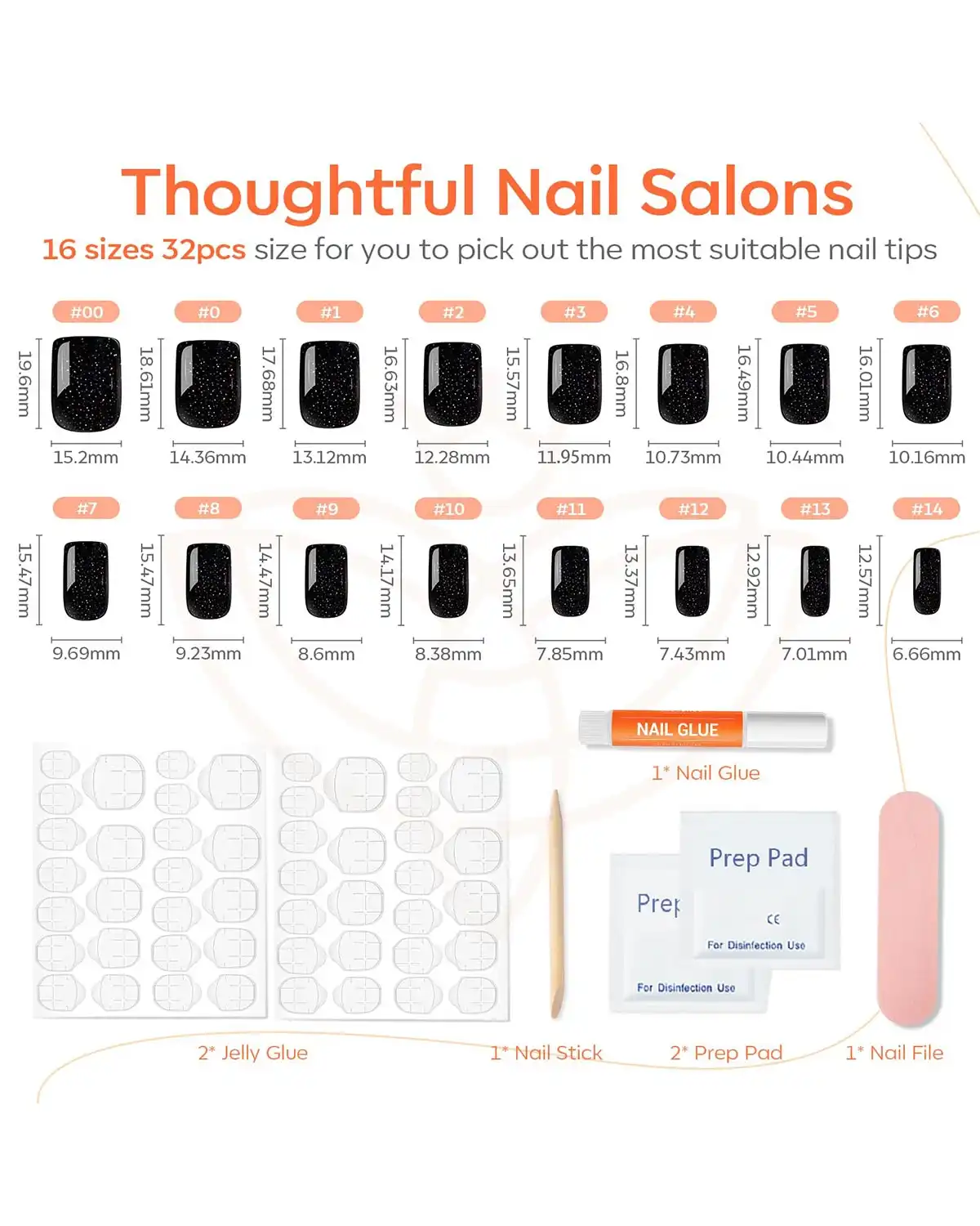 Modelones Sparkle Black Press on Nails Size