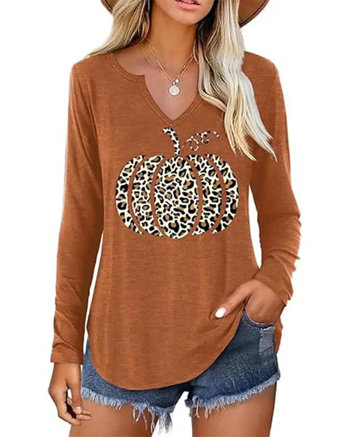 Qbily Notch Neck Fall T-Shirt for Women