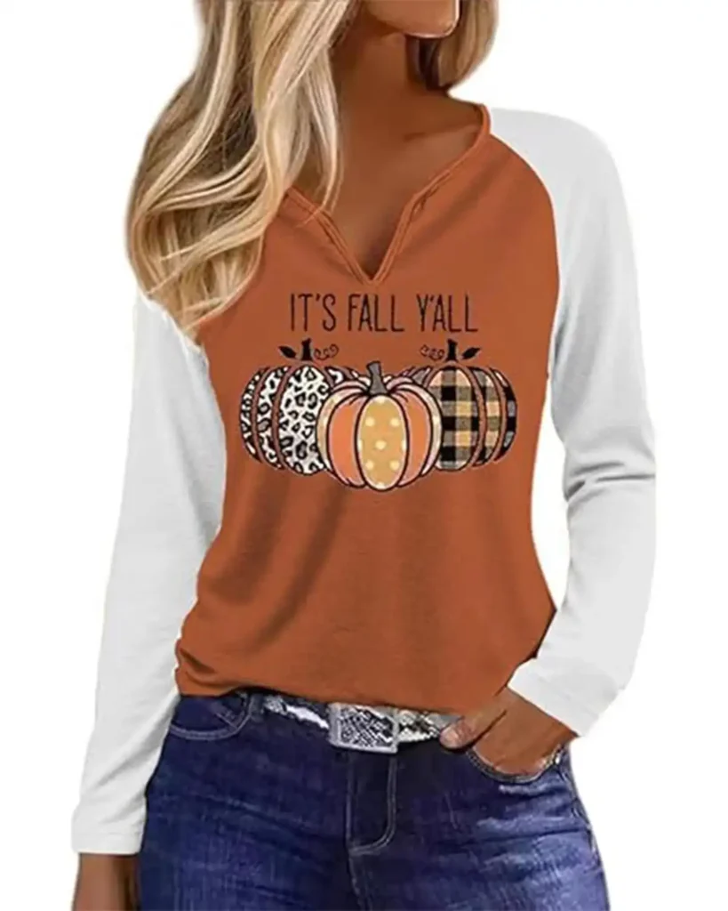 Qbily Notch Neck Fall T-Shirt for Women