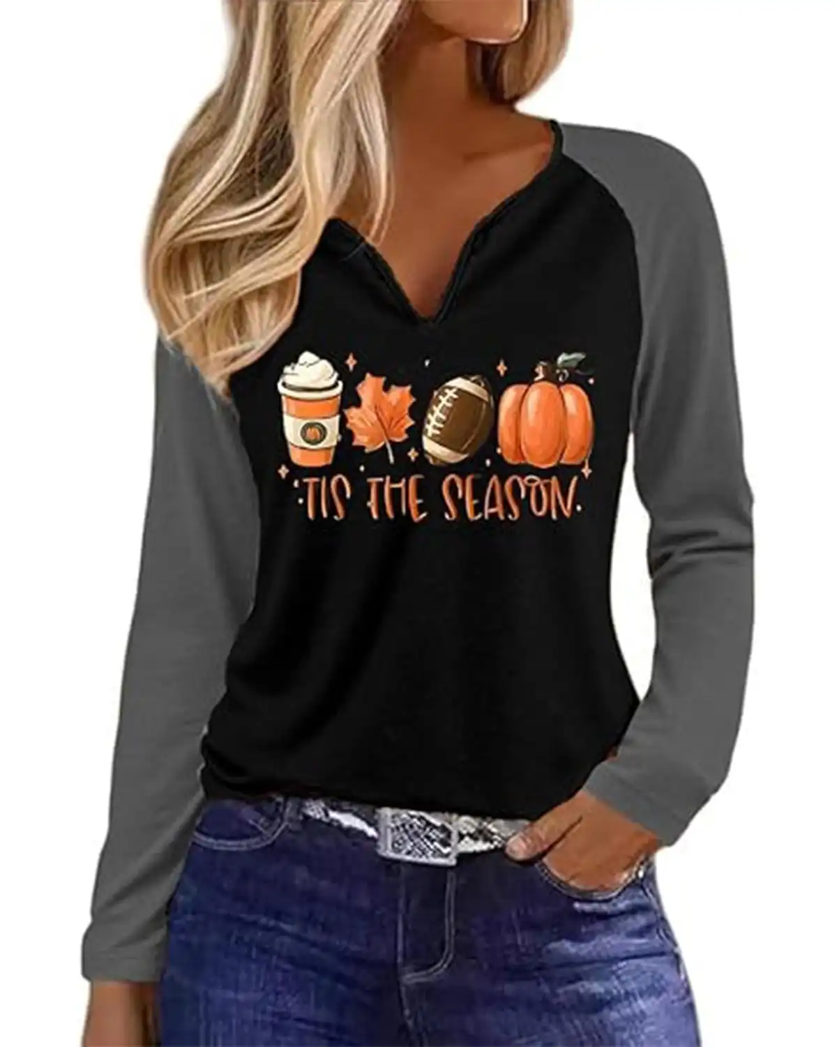 Qbily Notch Neck Fall T-Shirt