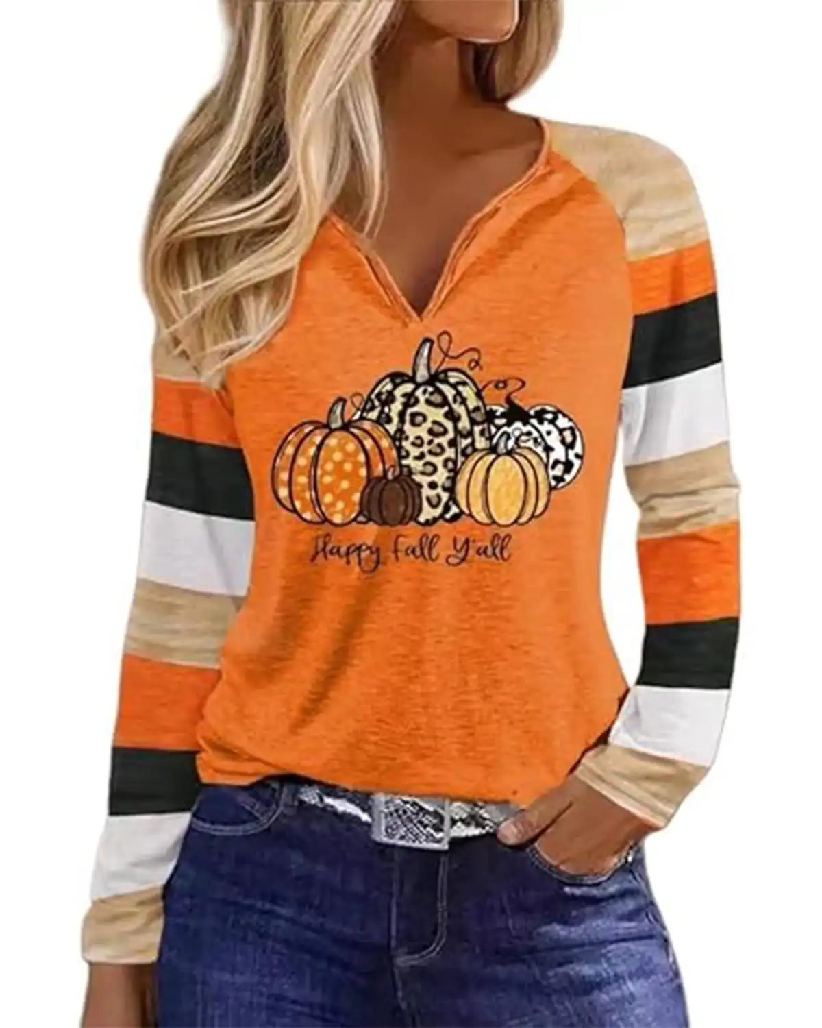 Qbily Notch Neck Fall T-Shirts