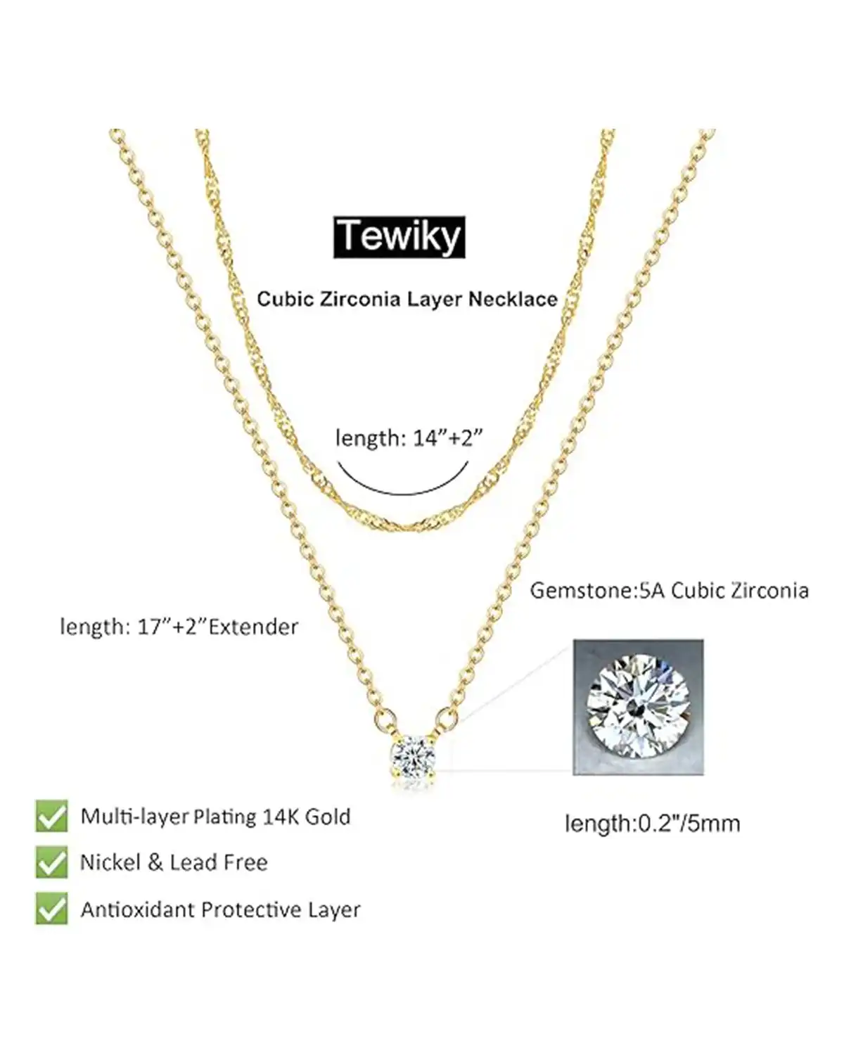 Tewiky Dainty 14K Gold Plated Cubic Zirconia Necklaces for Women