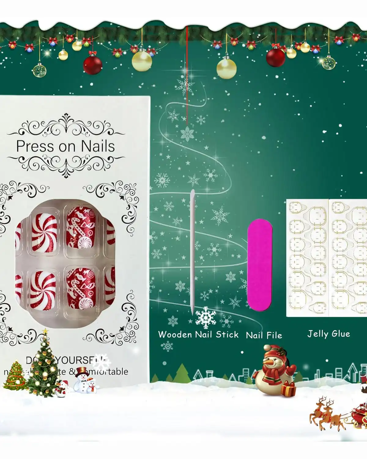 Tyuimhx Red Glitter Christmas Press on Nails For Womens