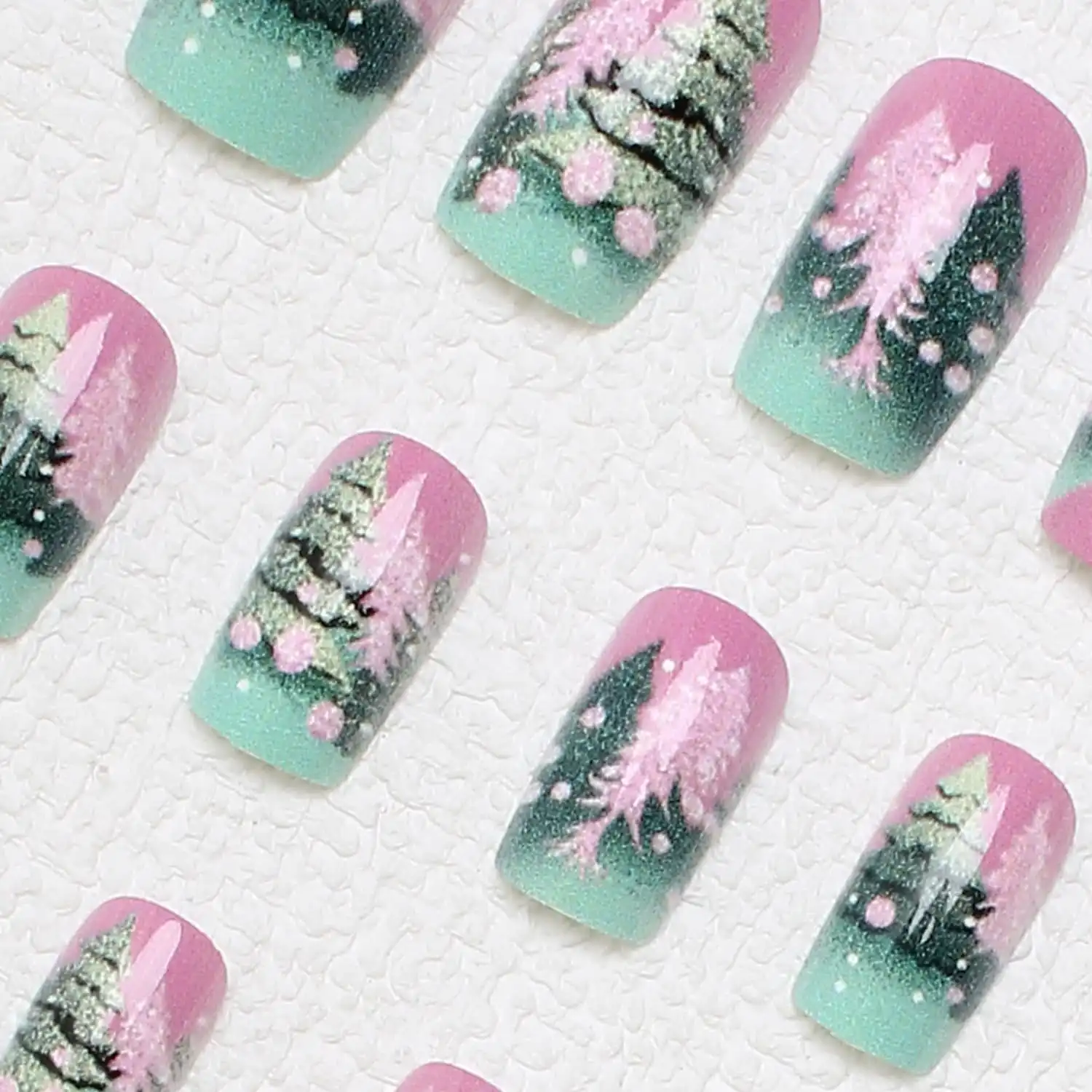 24 Pcs Christmas Press on Nails Short Square Fake Nails with Xmas Tree Glitter Designs