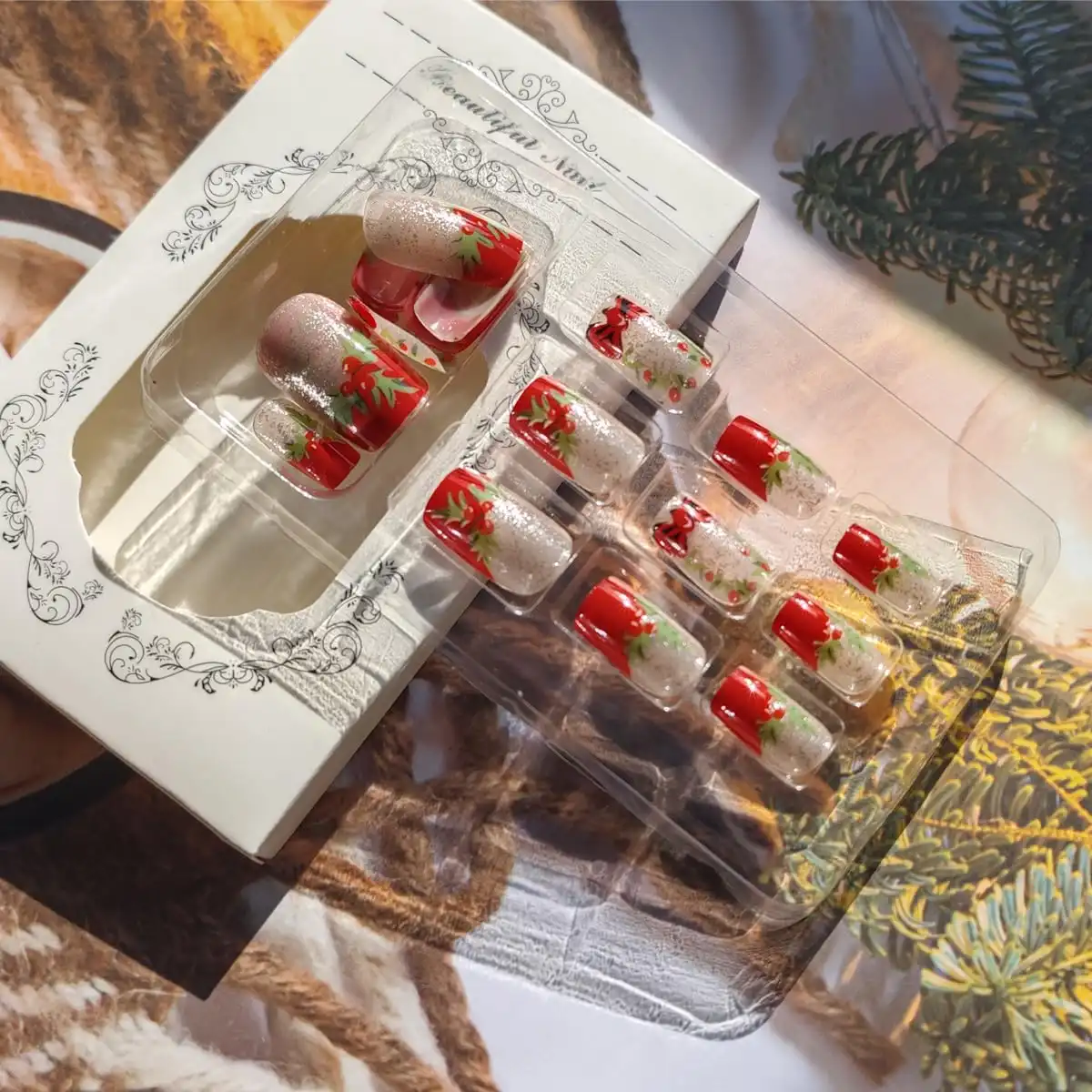 24Pcs Christmas Press on Nails Short Square Fake Nails Christmas Holly Leaves with Glitter Full Cover Tip Glue on Nails Glossy Designs Red French Tip False