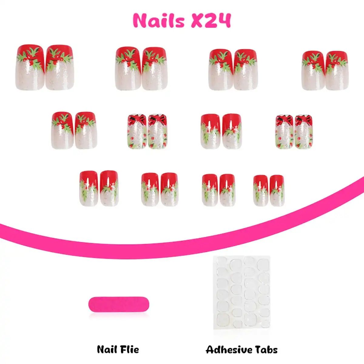 24Pcs Christmas Press on Nails Short Square Fake Nails Christmas Holly Leaves with Glitter Full Cover Tip Glue on Nails