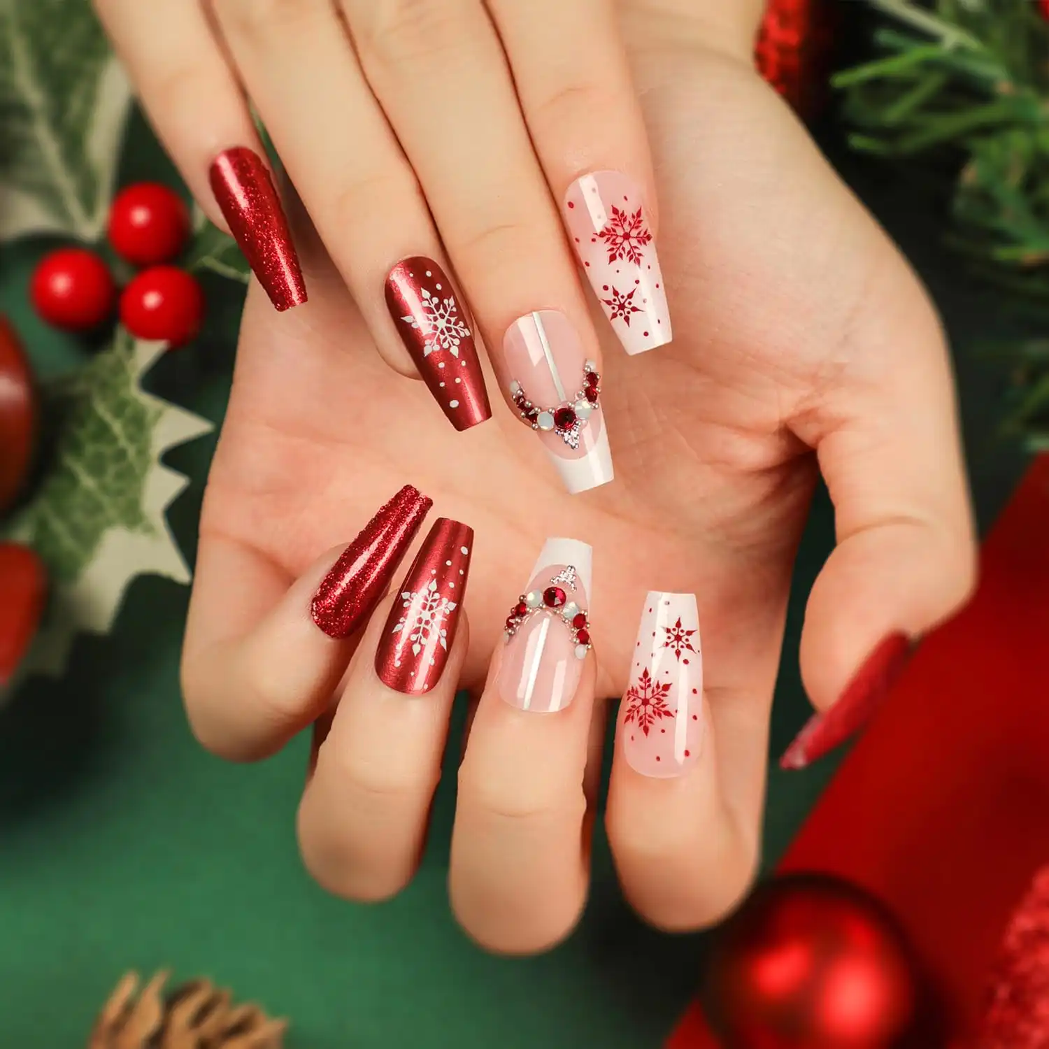 Christmas Coffin Medium Fake Nails With Snowflake Pearl Red Rhinestones Designs Artificial Nails Red Glitter Full Cover Stick on Nails - Winter Xmas Style - 24Pcs