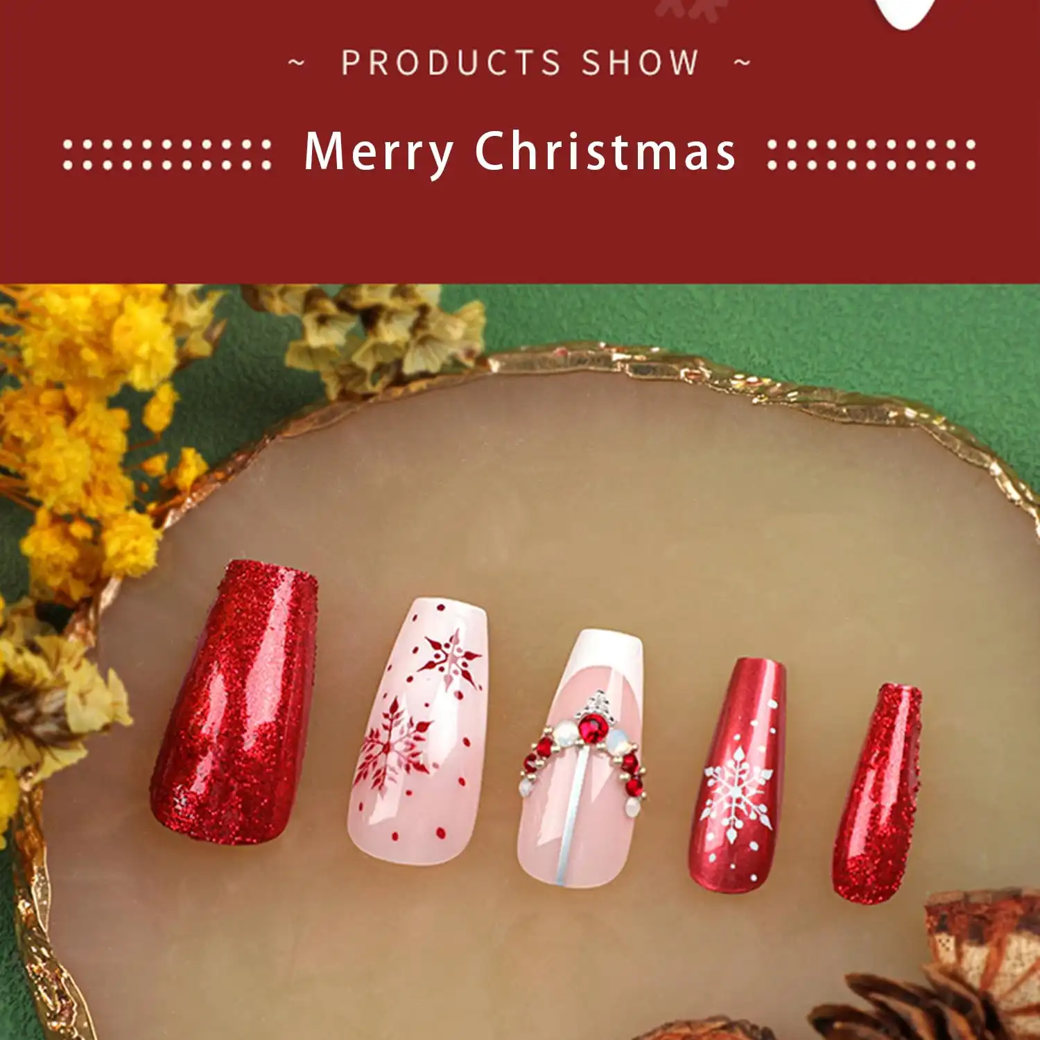 Christmas Coffin Medium Fake Nails With Snowflake Pearl Red Rhinestones Designs Artificial Nails Red Glitter Full Cover Stick on Nails