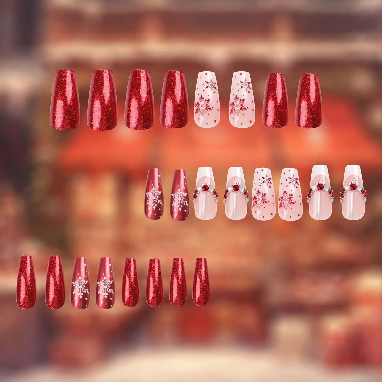 Christmas Coffin Medium Fake Nails With Snowflake Pearl Red Rhinestones Designs Artificial Nails Red Glitter