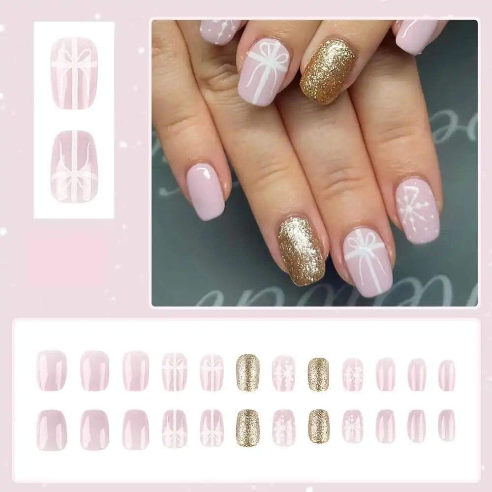 Christmas Press on Nails Short Square Fake Nails Pink Glue on Nails Christmas Gift Box Snowflake Design Golden Glitter Acrylic Nails 24Pcs Winter Cute Squoval False Nail Kit for Women