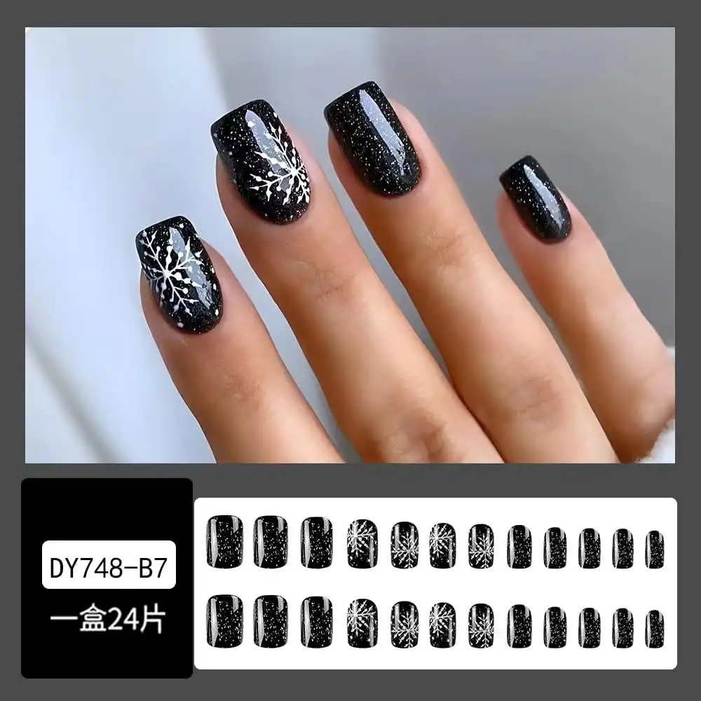 Christmas Press on Nails Short Square Fake Snowflake Glue on Black False With Design Glossy Artificial Acrylic Full Cover Glitter Stick on for Women Girls Manicu