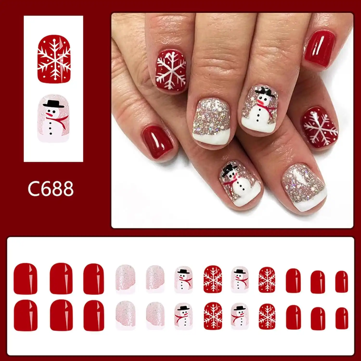 Christmas Press on Short Fake Nails With Snowman Snowflake Designs - White French Tip Glue on Xmas Glitter Sequins False Nails - Cute Acrylic Stick on f