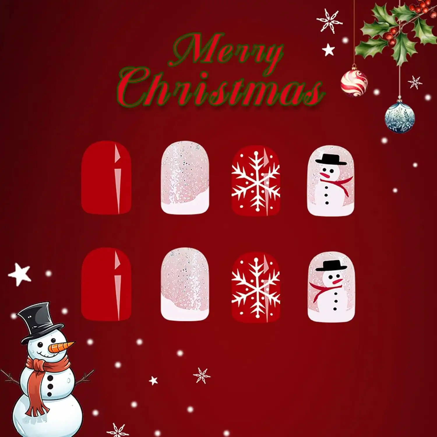 Christmas Press on Short Fake Nails With Snowman Snowflake Designs - White French Tip Glue on Xmas Glitter Sequins False Nails