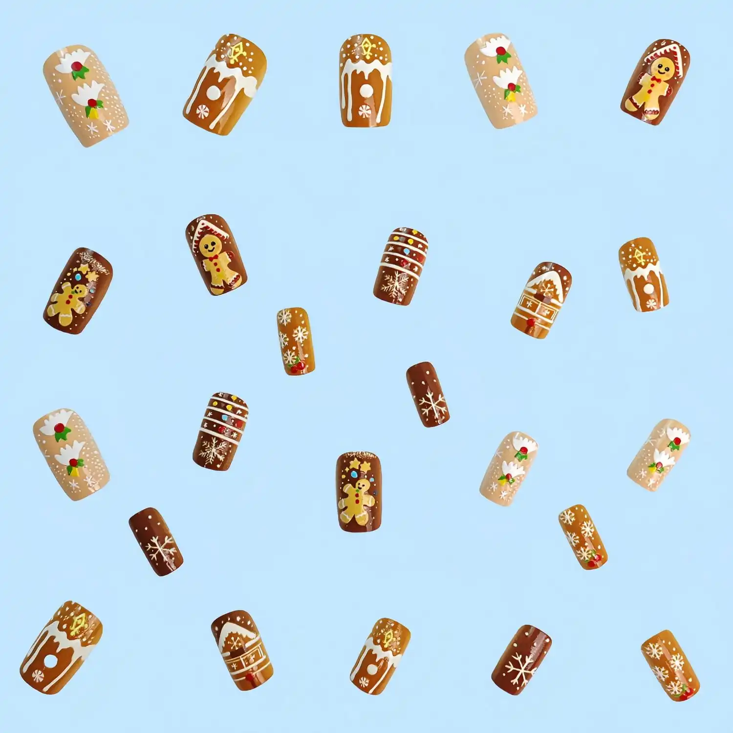24 Pcs Christmas Press on Nails - Short Square Xmas Cute Embossed Gingerbread Man Snowflake Snowhouse Designs Fake Nails Full Cover False Nails