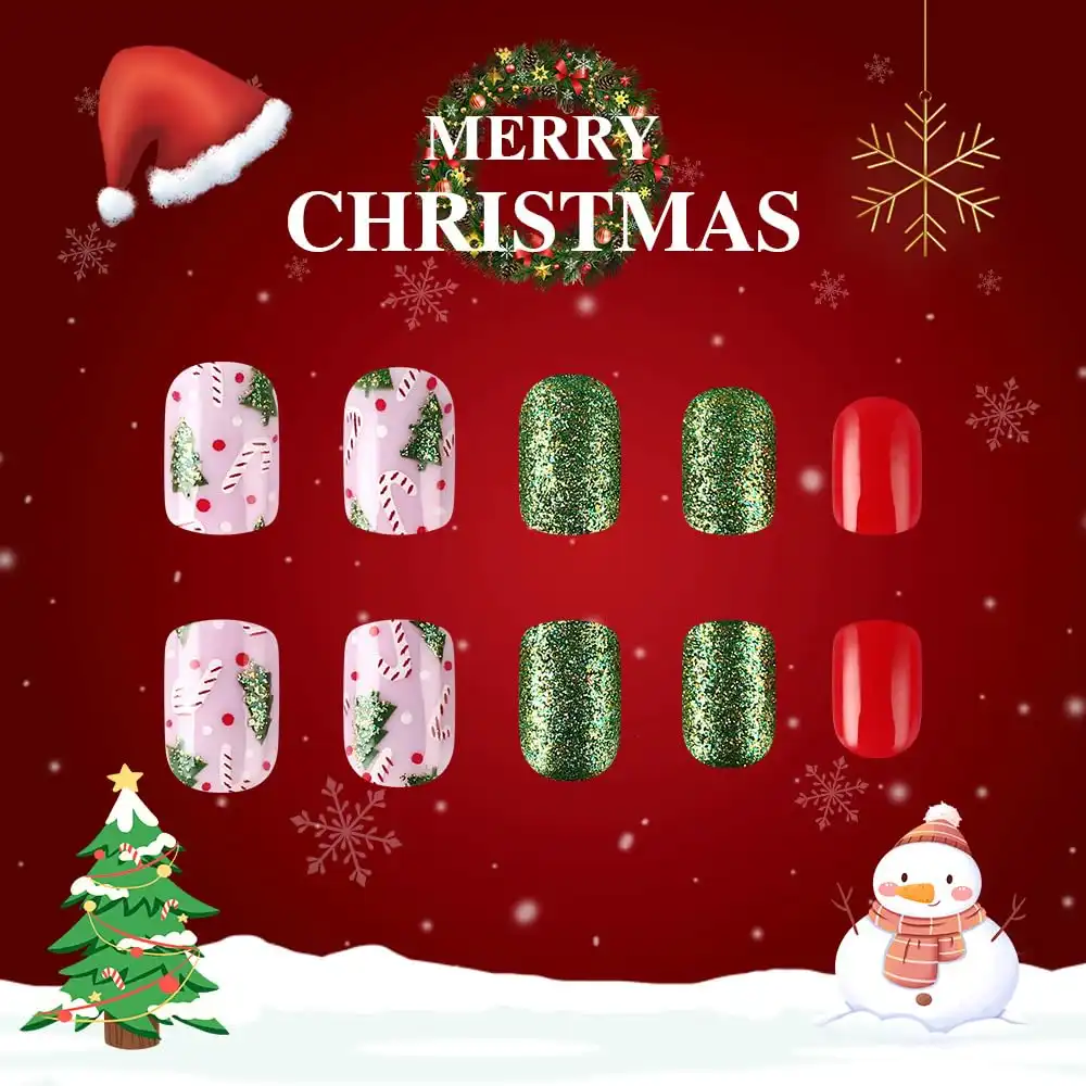 24Pcs Christmas Press on Nails Short Square - Red Fake Nails Green Glitter False Nails Press Ons Nail Art Tips With Christmas Tree Cane Design Winter Acrylic Nail Kit for Women X