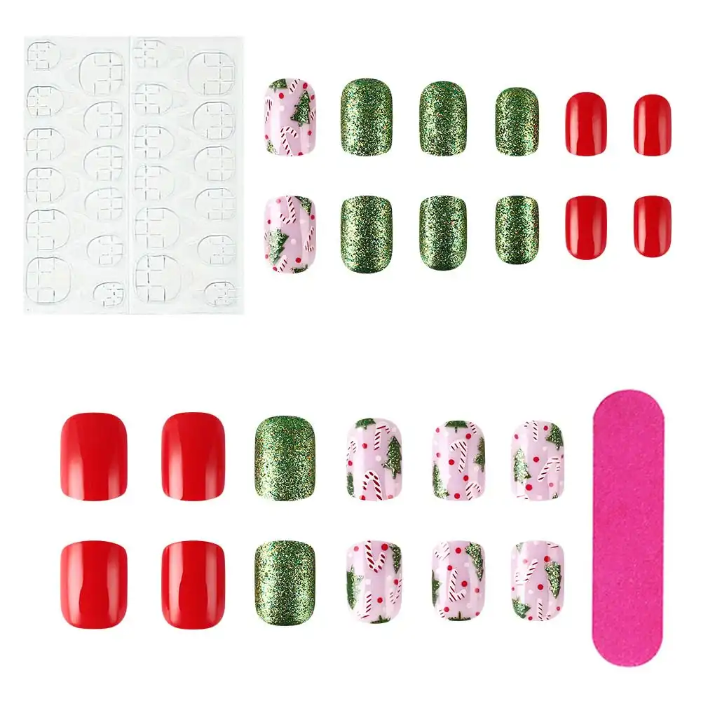24Pcs Christmas Press on Nails Short Square - Red Fake Nails Green Glitter False Nails Press Ons Nail