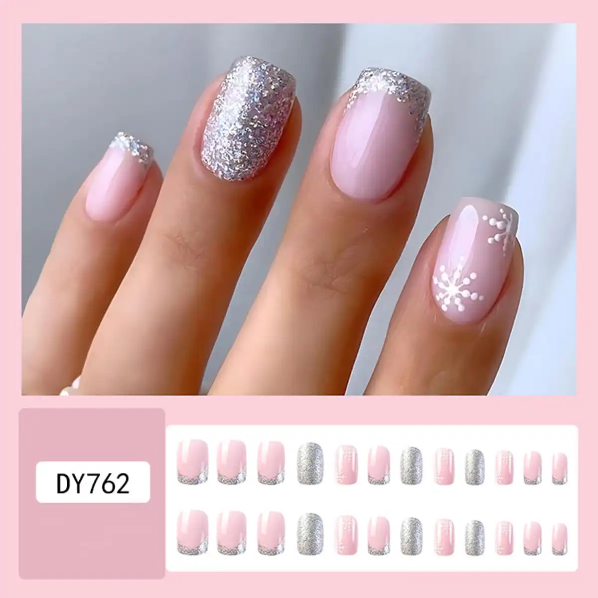 24Pcs Christmas Press-on Nails Short Square Snowflake Fake Nails Glitter French Tips Full Cover Acrylic Stick on Nails Winter Snow Flake Artificial False Nails