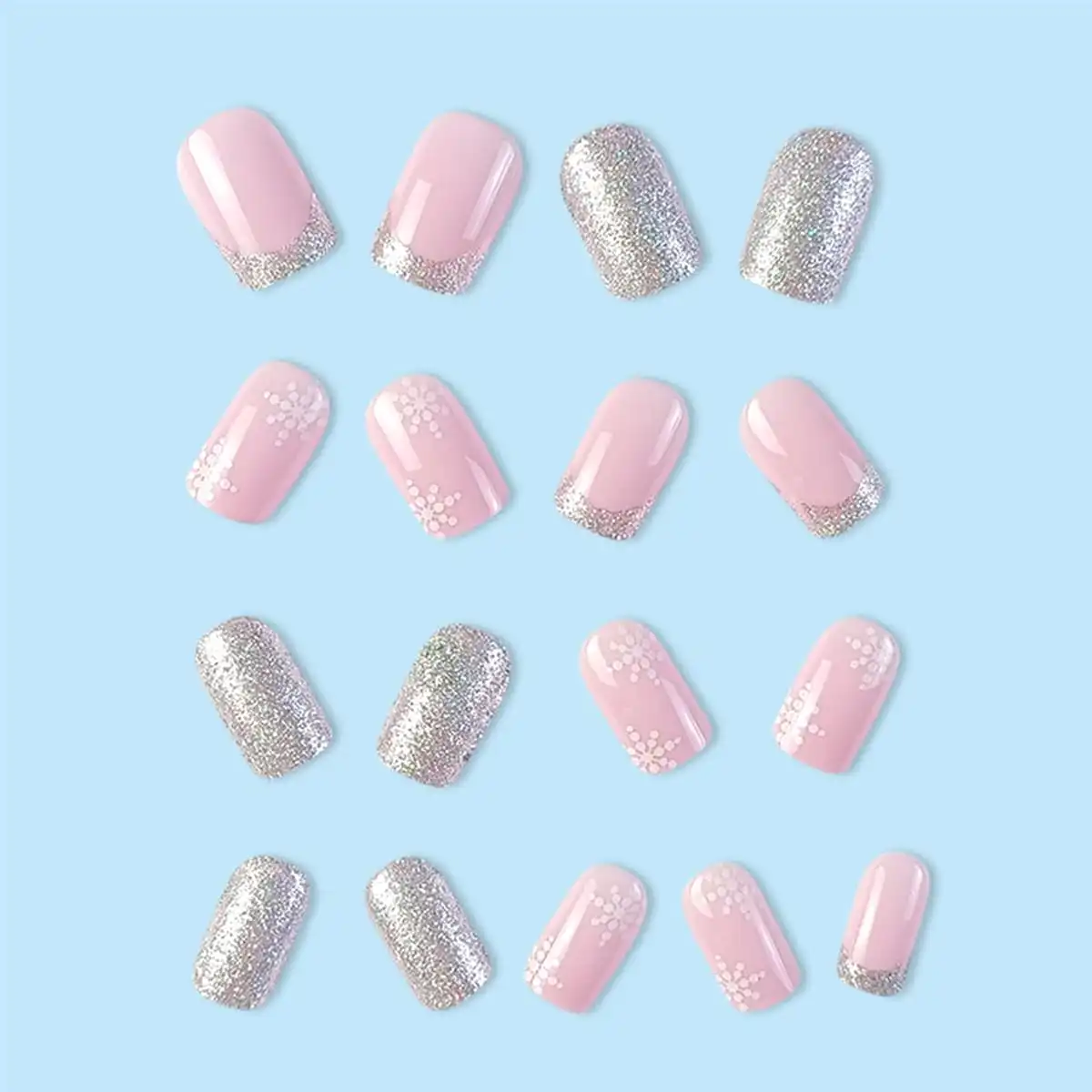 24Pcs Christmas Press-on Nails Short Square Snowflake Fake Nails Glitter French Tips Full Cover Acrylic Stick on Nails