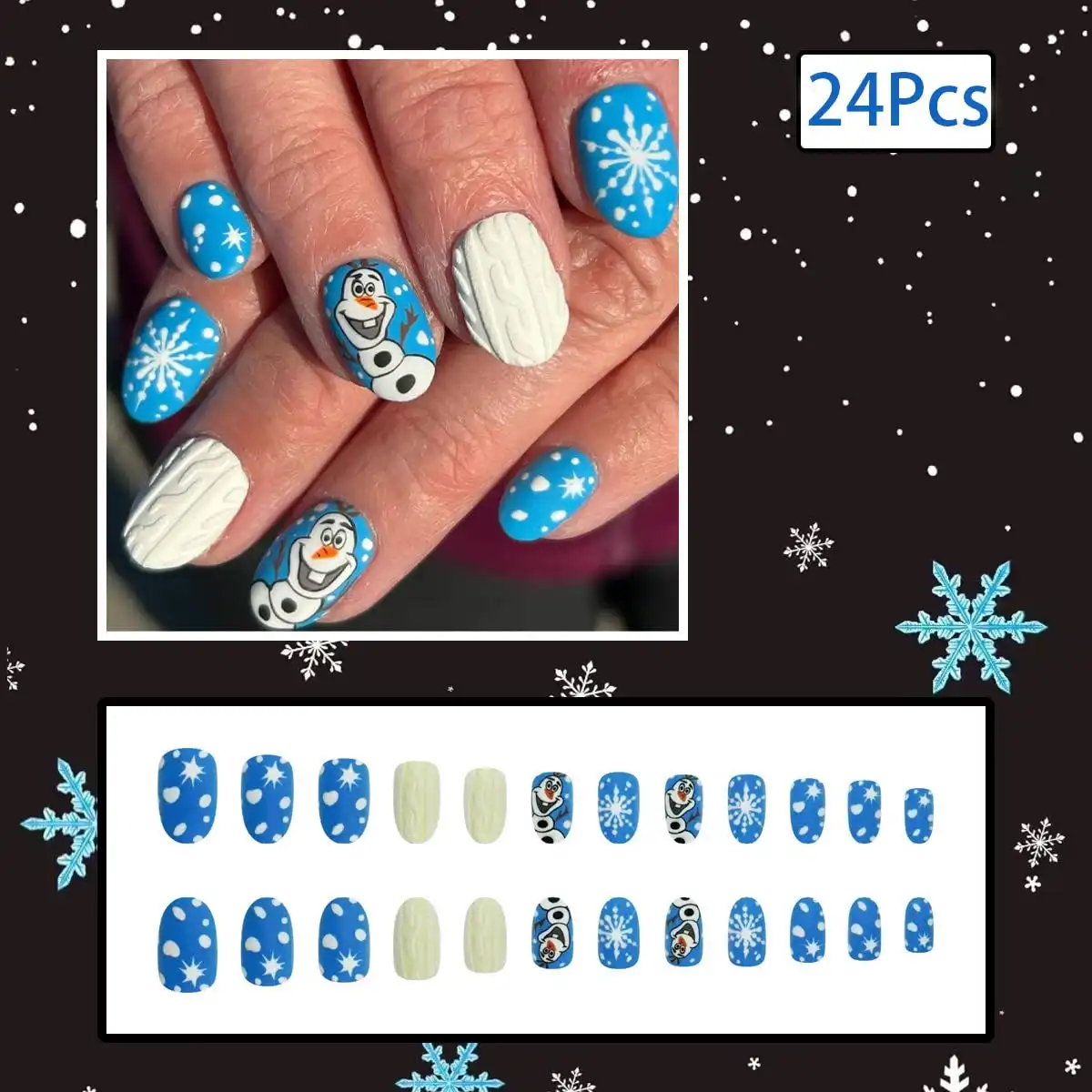 24Pcs Christmas Press on Nails Winter Short Oval Fake Nails Blue Matte Glue on Nails with Cartoon Snowman Snowflake Design Full Cover Artificial False Nails Xmas Cute Stick on N
