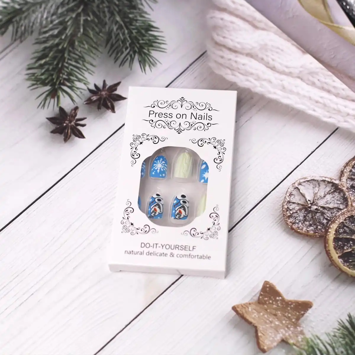 24Pcs Christmas Press on Nails Winter Short Oval Fake Nails Blue Matte Glue on Nails with Cartoon Snowman Snowflake Design Full Cover Artificial False Nails