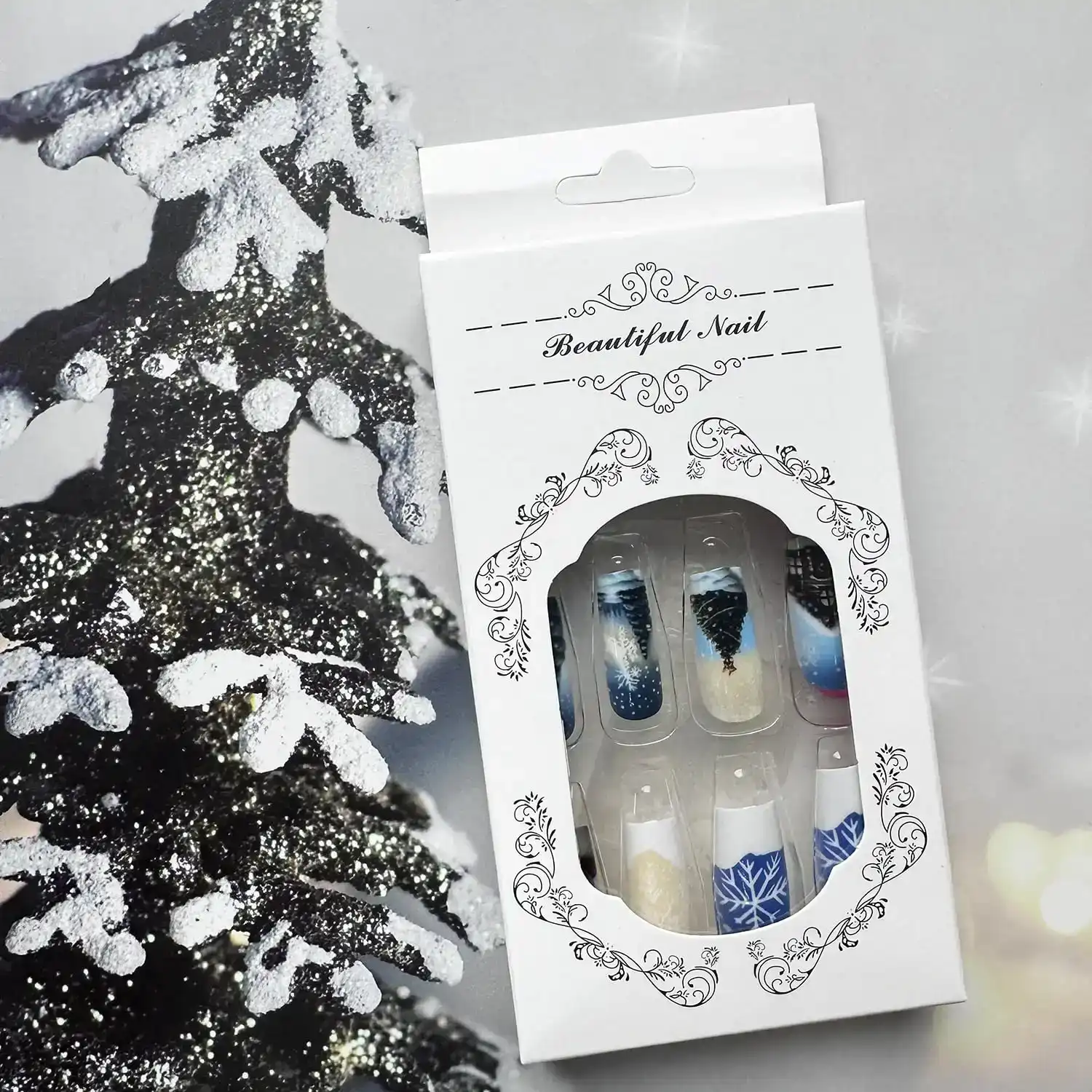 24Pcs Christmas Square Press on Nails Blue Medium Length Fake Nails with Christmas Tree Snowman Snowflakes Patterns Design Xmas Glue on Nails