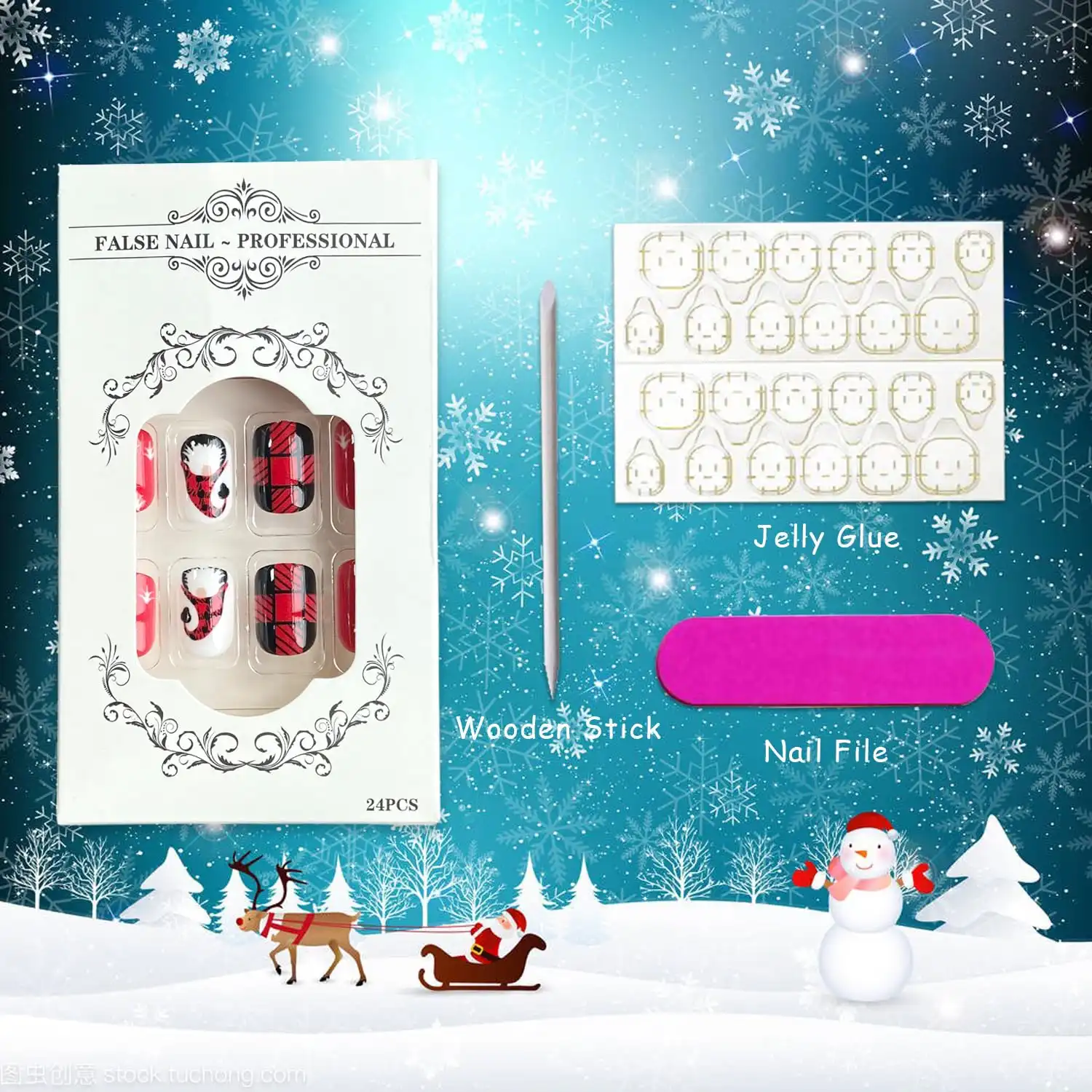 Christmas Gnome Press on Nails Short Square Fake Nails Winter Xmas Glue on Nails Glossy Reusable Stick on Nails for Women DIY Manicure Decor