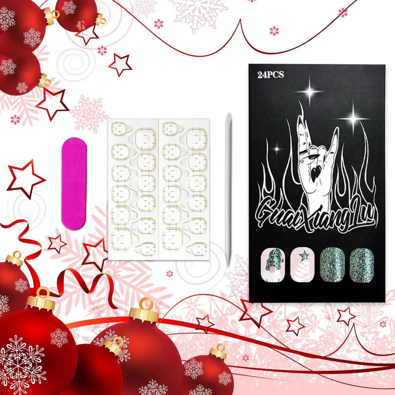 Christmas Press On Green Glitter Gnome Glue On Medium Square False Nails - Winter Xmas Acrylic Nails