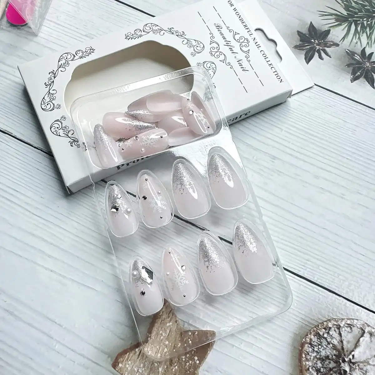 Christmas Press on Nails Almond Medium Snowflake Fake Nails with Nail Rhinestones Reusable Silver Glitter Acrylic Nails