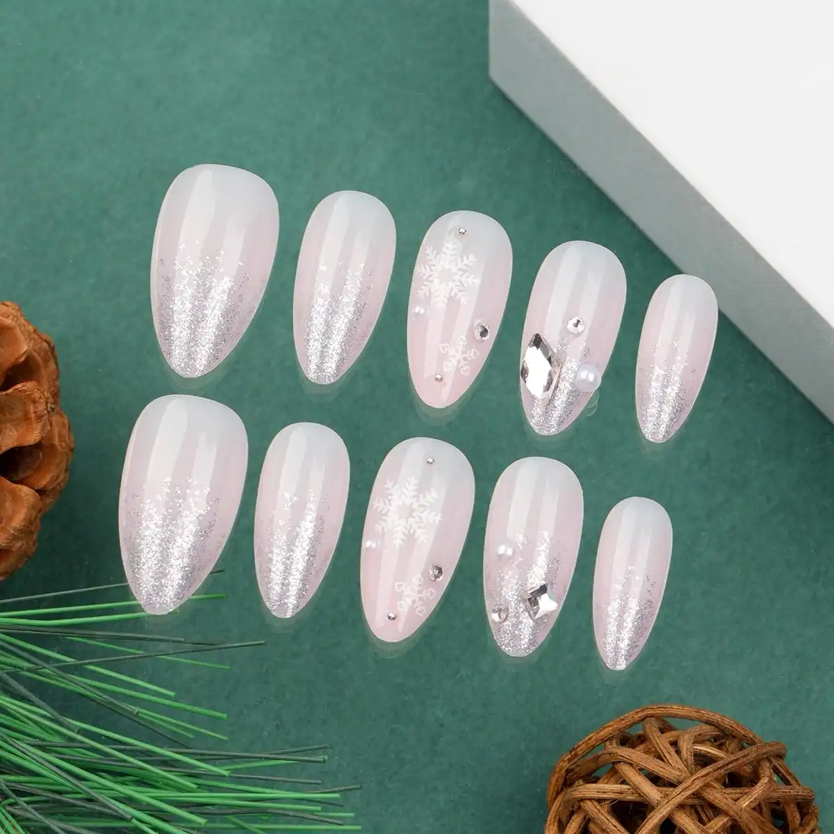 Christmas Press on Nails Almond Medium Snowflake Fake Nails with Nail