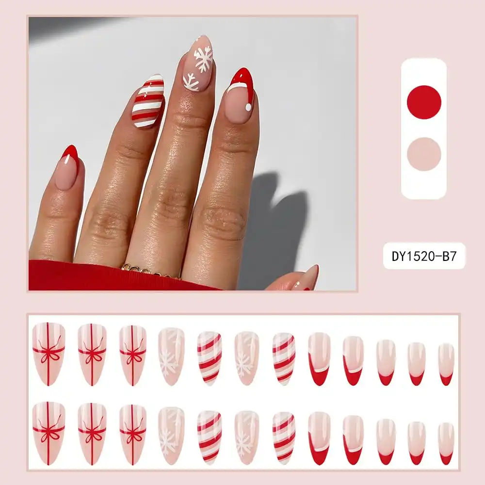 Christmas Press on Nails Short Almond Fake Nails, Red French Tip Nail Press ons White Snowflake Designs Glue on Nails Full Cover False Nail Winter Xmas Acrylic Nail for Women Girls Man