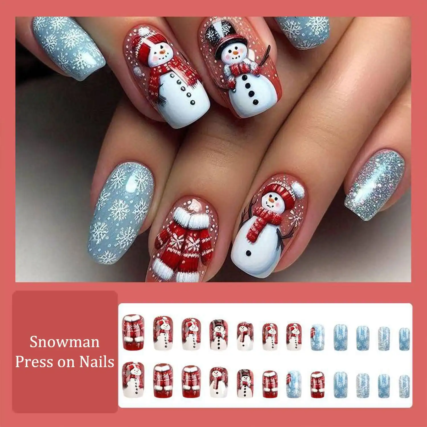 Christmas Press on Nails Short Square Snowman Snowflake False Nail with Designs Stick on Nails Full Cover Red Blue Glitter Glue on Nail Cute Winter Acrylic Nails for Women Holida