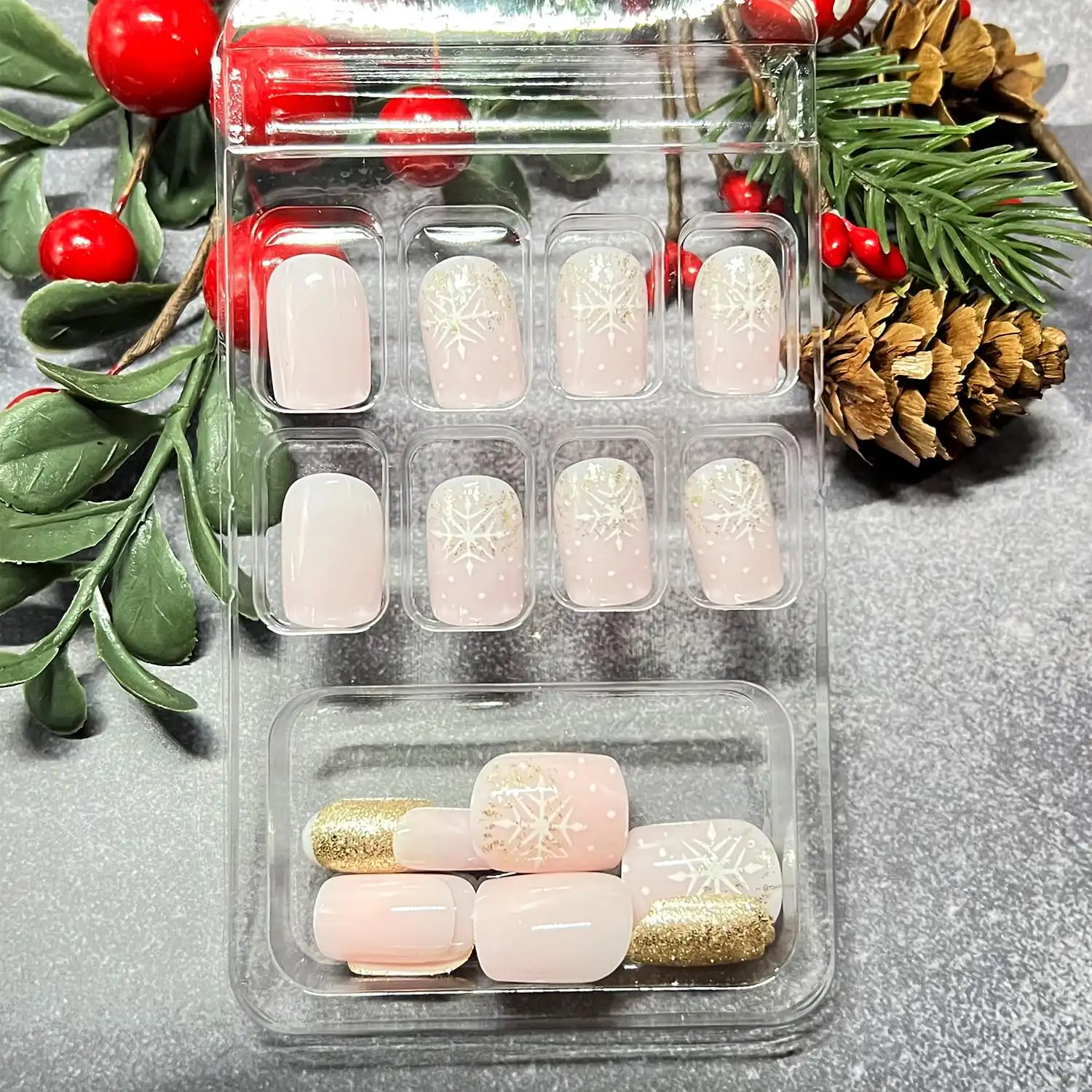 Christmas Press on Nails Square Short Fake Nails With Snowflake Designs Xmas Pink False Nails Acrylic Winter Stick on Nail for Women 24Pcs