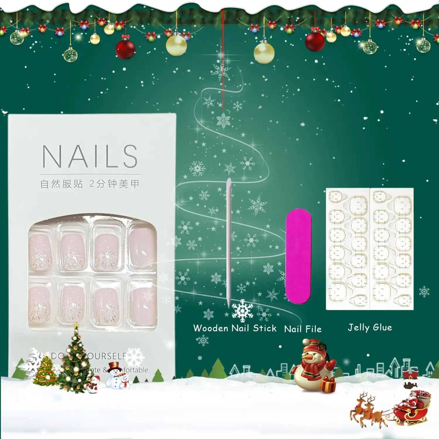 Christmas Press on Nails Square Short Fake Nails With Snowflake Designs Xmas Pink False Nails Acrylic Winter Stick on Nail