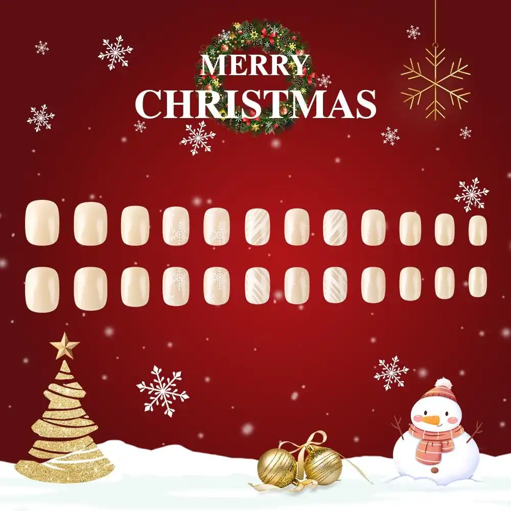 Christmas Short Square Press on Nails Winter Snowflake Fake Nails Nude Full Cover Glue on Nails Xmas White Stripes Design Glossy Acrylic False Nails