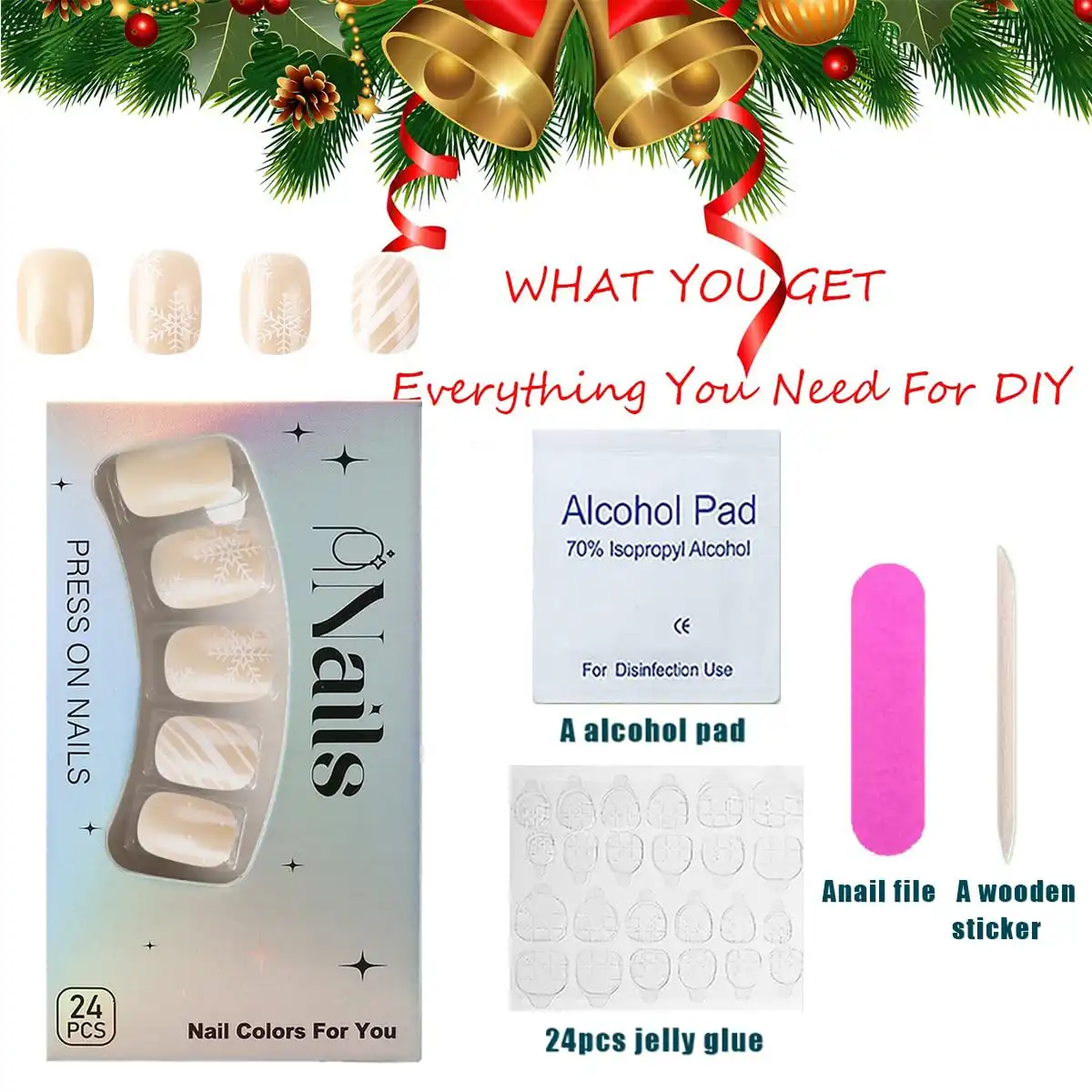 Christmas Short Square Press on Nails Winter Snowflake Fake Nails Nude Full Cover Glue on Nails