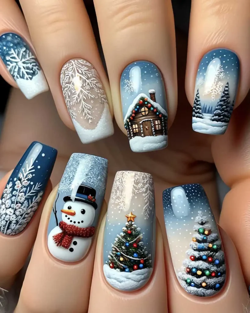 Uccasa 24Pcs Blue Christmas Square Press on Nails